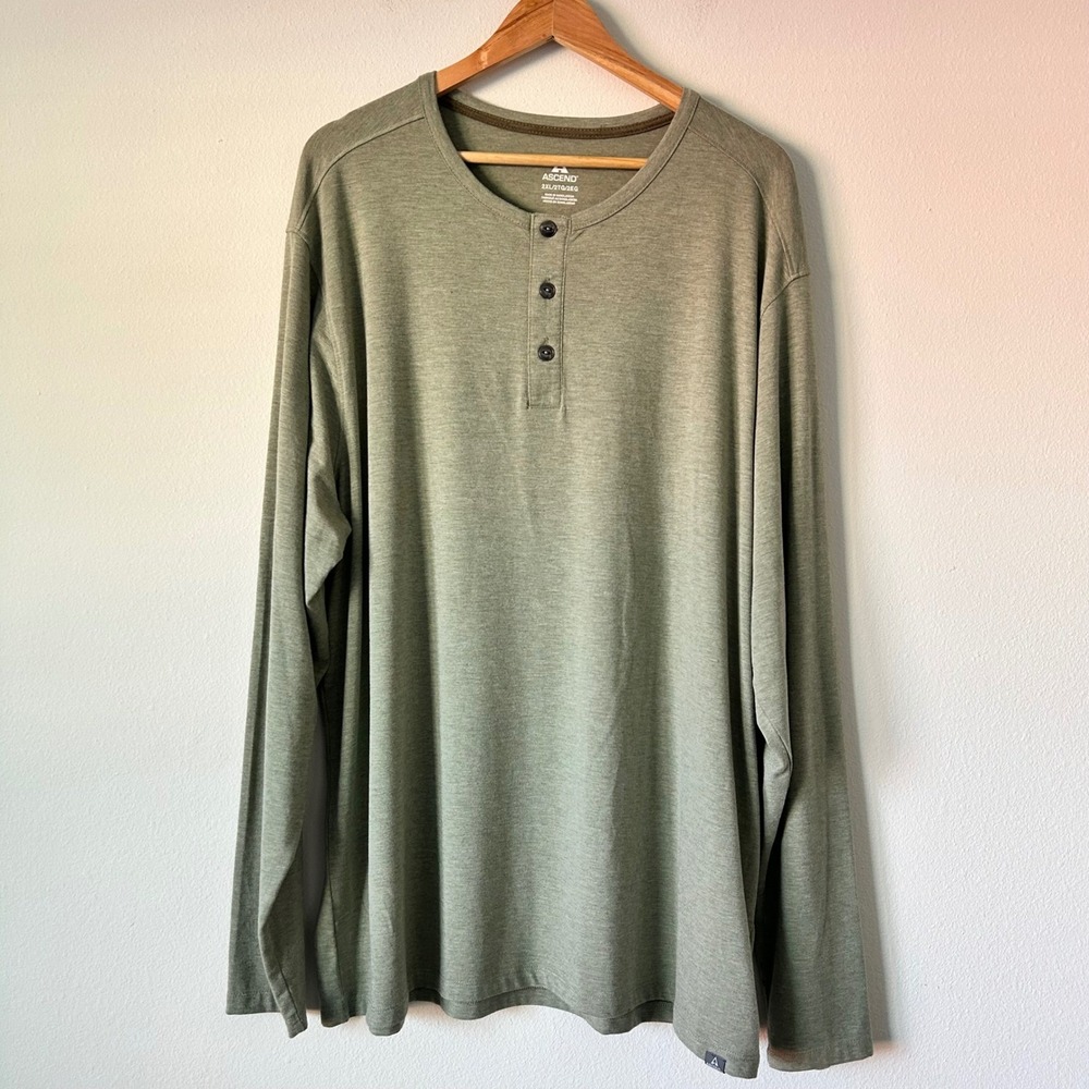 Ascend Mens 2XL Long Sleeve Henley Shirt Olive Green Bamboo‎ Blend Outdoor XLG